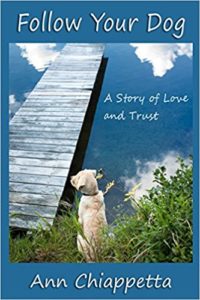 Yellow lab lies beside a lake with a vivid blue sky above. Dog is reflected in the still  blue water.