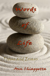 A harmonious design of Three gray  oval shaped rocks stacked one upon the other beside  a pattern in the sand. Each  rock holds  one   word of the book’s title. 