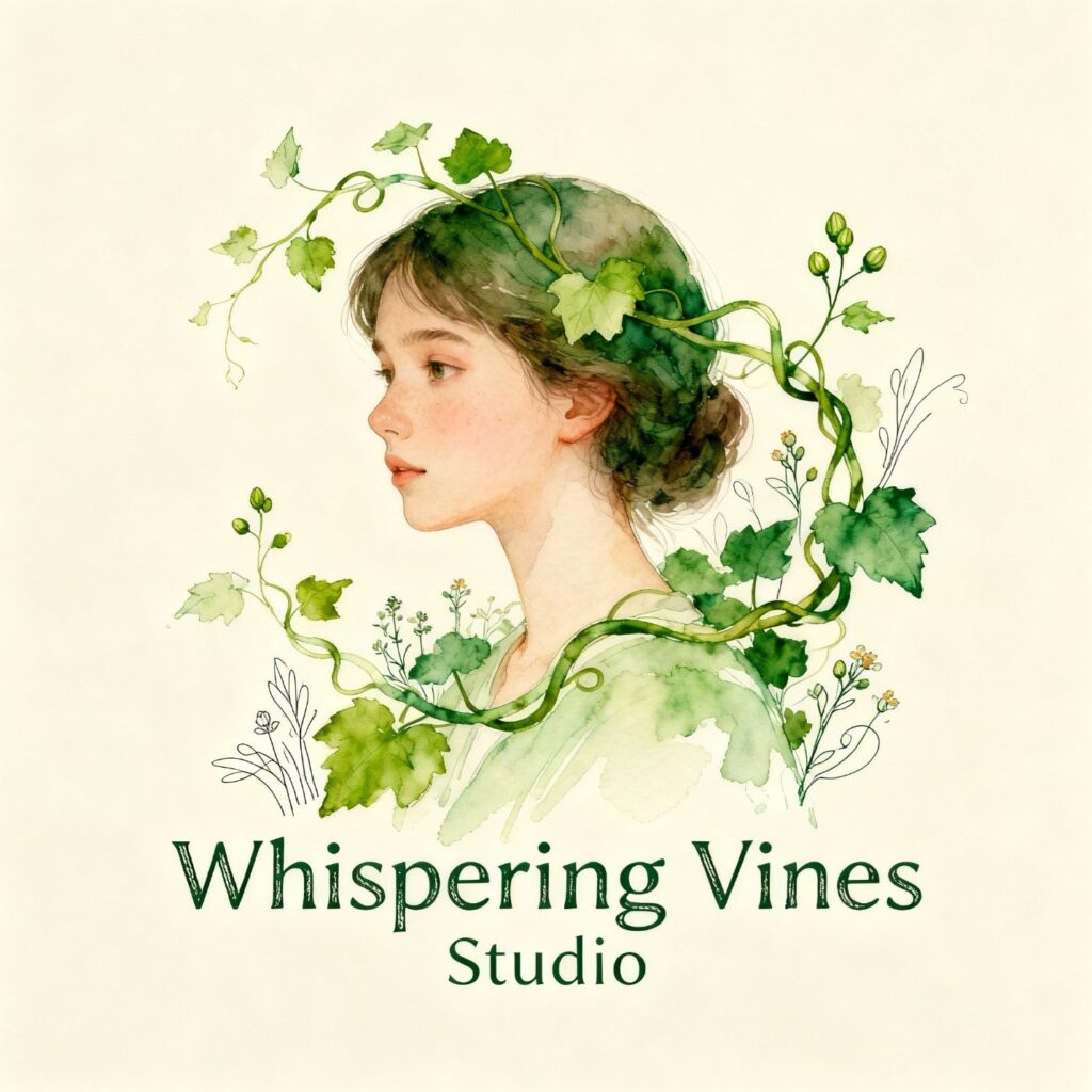 a watercolor-style profile logo image of a young woman with brown hair tied back. Green vines with leaves and small buds wrap around her head and shoulders, blending into the artistic design. Below the illustration, the text reads "Whispering Vines Studio" in elegant, dark green serif font. The overall color scheme is soft and natural, with shades of green and earthy tones, creating a serene and artistic feel.