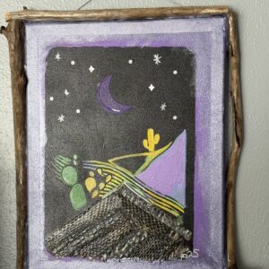 The painting depicts a night scene with a Deep amethyst sky filled with white stars and a purple crescent moon. The mid-ground of the piece depicts a minimalistic landscape featuring a hill dotted with green cactus and yellow ridges of sand. genuine snake skin is used at the bottom of the piece and represents a darker strip of rough ground in shades of brown, black and white. The entire piece has been treated with multiple coats of clear polyurethane sealant.